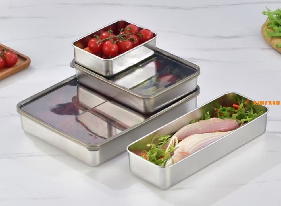 Stainless Steel Fresh-Keeping Box with Lid, Square Tray, Refrigerator Storage Container, Steamed Fish & Grilled Fish Plate, Barbecue & Cold Dish Plate